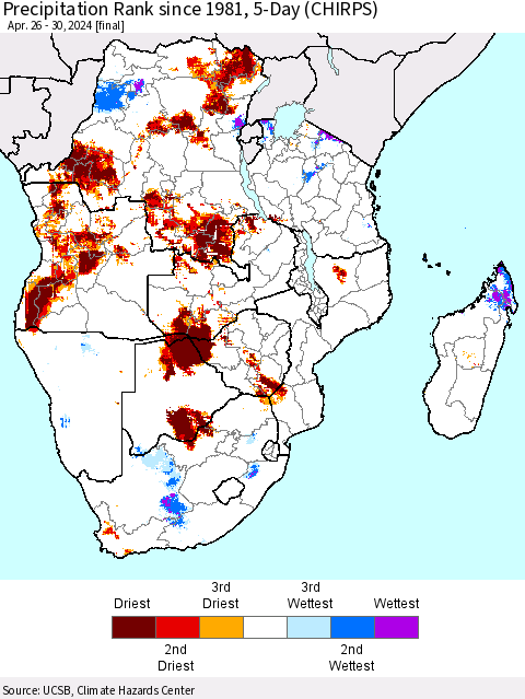Southern Africa Precipitation Rank since 1981, 5-Day (CHIRPS) Thematic Map For 4/26/2024 - 4/30/2024