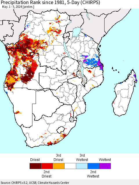 Southern Africa Precipitation Rank since 1981, 5-Day (CHIRPS) Thematic Map For 5/1/2024 - 5/5/2024