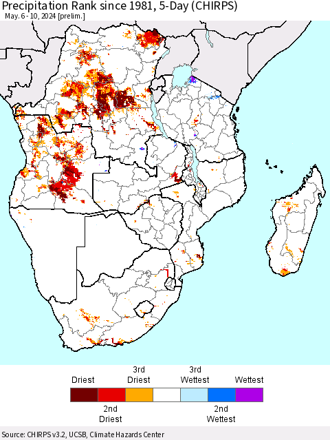 Southern Africa Precipitation Rank since 1981, 5-Day (CHIRPS) Thematic Map For 5/6/2024 - 5/10/2024