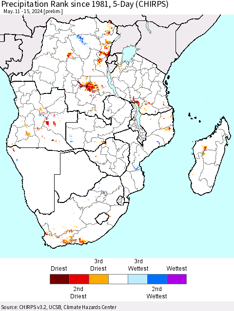 Southern Africa Precipitation Rank since 1981, 5-Day (CHIRPS) Thematic Map For 5/11/2024 - 5/15/2024