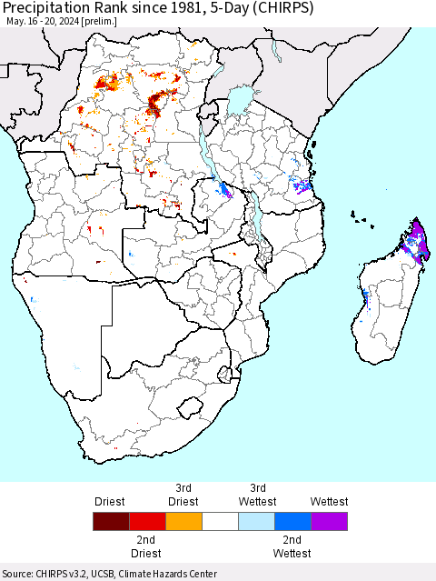 Southern Africa Precipitation Rank since 1981, 5-Day (CHIRPS) Thematic Map For 5/16/2024 - 5/20/2024