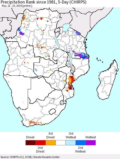 Southern Africa Precipitation Rank since 1981, 5-Day (CHIRPS) Thematic Map For 5/21/2024 - 5/25/2024