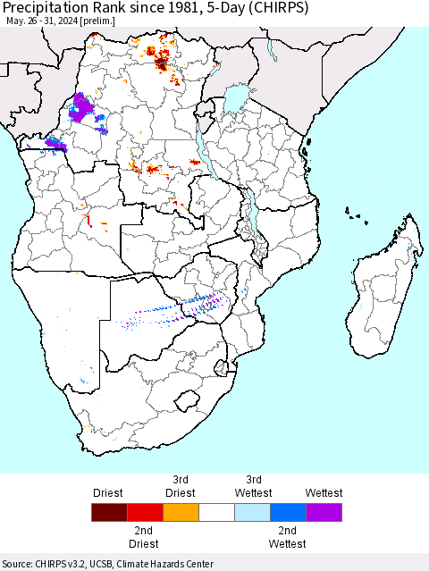 Southern Africa Precipitation Rank since 1981, 5-Day (CHIRPS) Thematic Map For 5/26/2024 - 5/31/2024