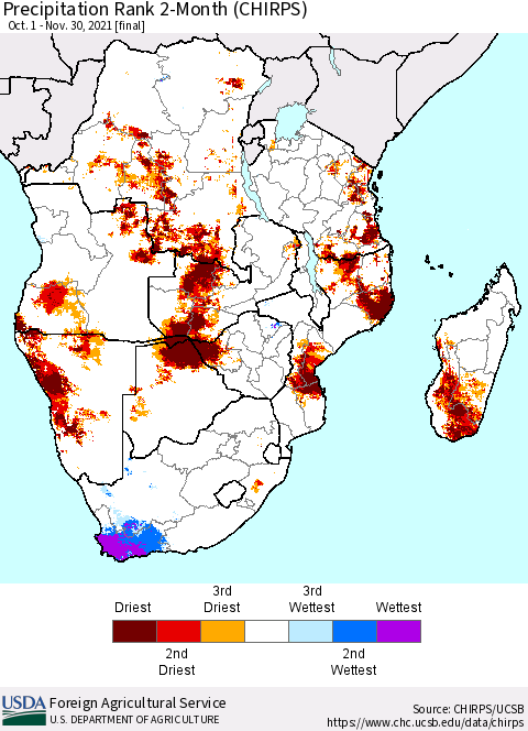 Southern Africa Precipitation Rank since 1981, 2-Month (CHIRPS) Thematic Map For 10/1/2021 - 11/30/2021