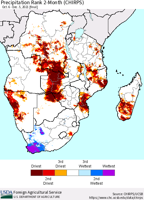 Southern Africa Precipitation Rank since 1981, 2-Month (CHIRPS) Thematic Map For 10/6/2021 - 12/5/2021