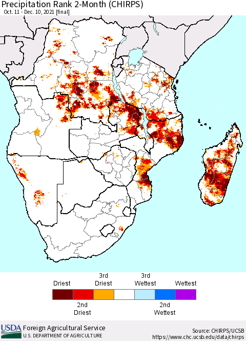 Southern Africa Precipitation Rank since 1981, 2-Month (CHIRPS) Thematic Map For 10/11/2021 - 12/10/2021