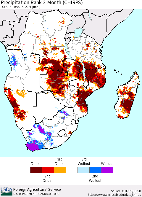 Southern Africa Precipitation Rank since 1981, 2-Month (CHIRPS) Thematic Map For 10/16/2021 - 12/15/2021