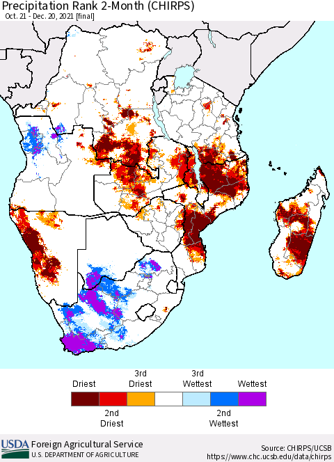 Southern Africa Precipitation Rank since 1981, 2-Month (CHIRPS) Thematic Map For 10/21/2021 - 12/20/2021