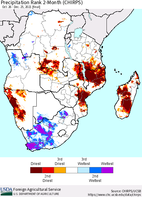 Southern Africa Precipitation Rank since 1981, 2-Month (CHIRPS) Thematic Map For 10/26/2021 - 12/25/2021