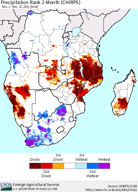 Southern Africa Precipitation Rank since 1981, 2-Month (CHIRPS) Thematic Map For 11/1/2021 - 12/31/2021