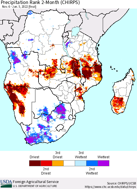 Southern Africa Precipitation Rank since 1981, 2-Month (CHIRPS) Thematic Map For 11/6/2021 - 1/5/2022
