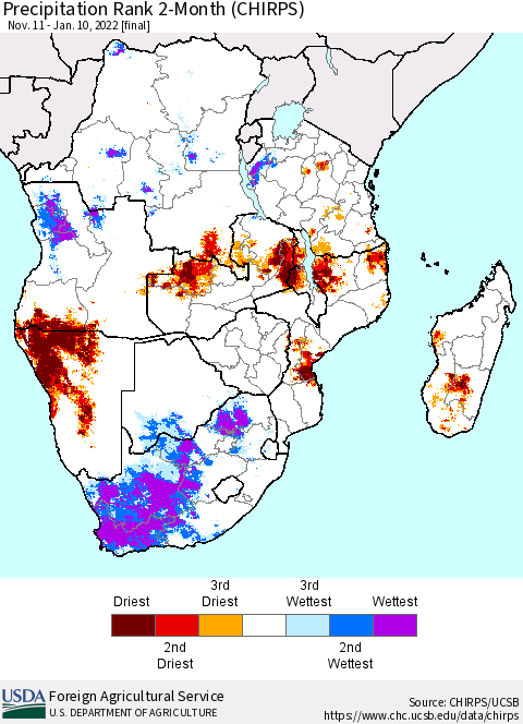 Southern Africa Precipitation Rank since 1981, 2-Month (CHIRPS) Thematic Map For 11/11/2021 - 1/10/2022