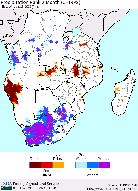 Southern Africa Precipitation Rank since 1981, 2-Month (CHIRPS) Thematic Map For 11/16/2021 - 1/15/2022