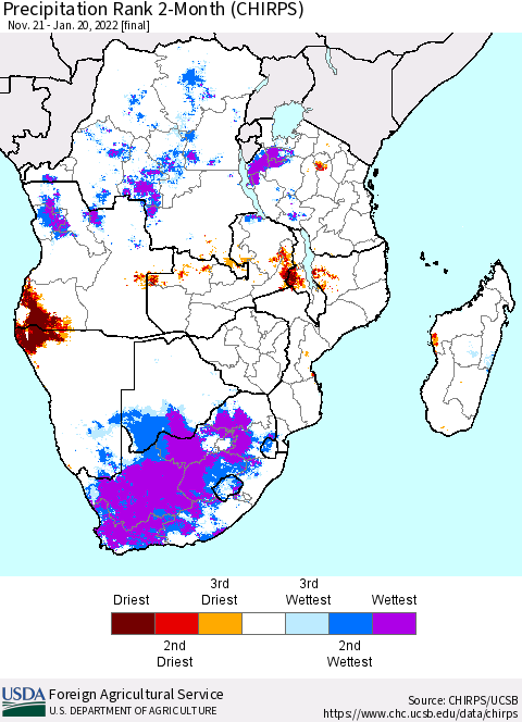Southern Africa Precipitation Rank since 1981, 2-Month (CHIRPS) Thematic Map For 11/21/2021 - 1/20/2022