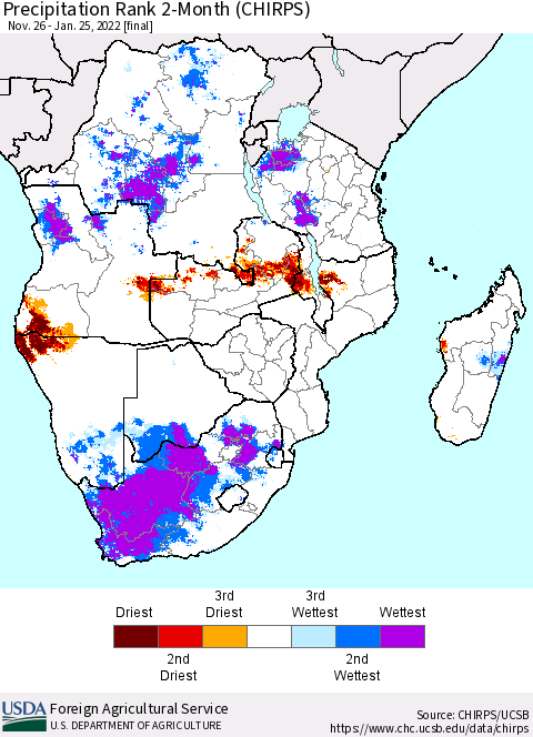 Southern Africa Precipitation Rank since 1981, 2-Month (CHIRPS) Thematic Map For 11/26/2021 - 1/25/2022