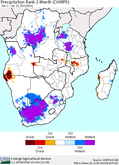 Southern Africa Precipitation Rank since 1981, 2-Month (CHIRPS) Thematic Map For 12/1/2021 - 1/31/2022