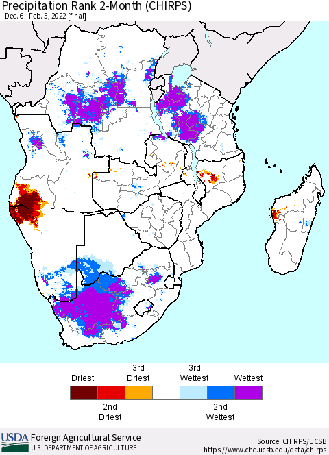 Southern Africa Precipitation Rank since 1981, 2-Month (CHIRPS) Thematic Map For 12/6/2021 - 2/5/2022