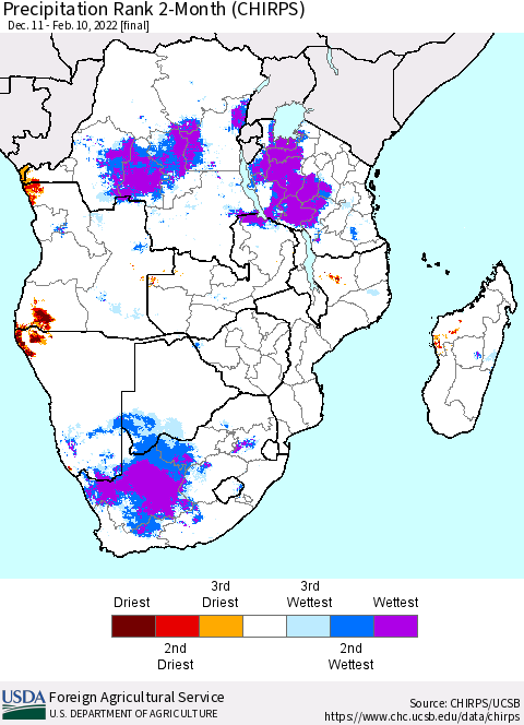 Southern Africa Precipitation Rank since 1981, 2-Month (CHIRPS) Thematic Map For 12/11/2021 - 2/10/2022