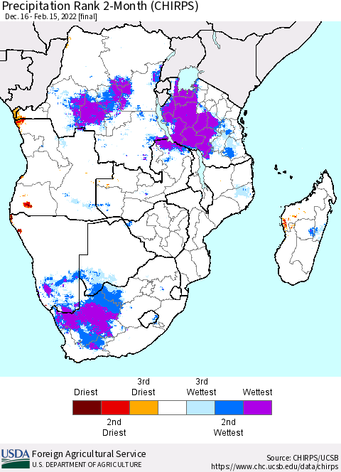 Southern Africa Precipitation Rank since 1981, 2-Month (CHIRPS) Thematic Map For 12/16/2021 - 2/15/2022