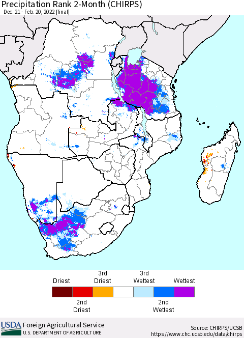 Southern Africa Precipitation Rank since 1981, 2-Month (CHIRPS) Thematic Map For 12/21/2021 - 2/20/2022