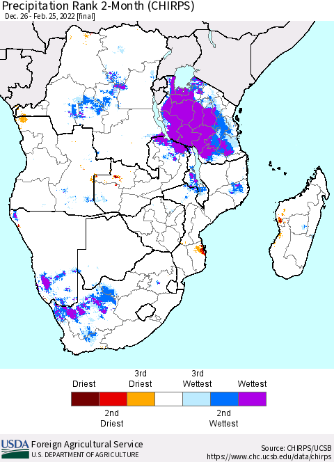 Southern Africa Precipitation Rank since 1981, 2-Month (CHIRPS) Thematic Map For 12/26/2021 - 2/25/2022