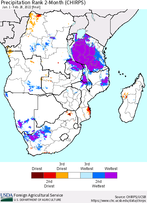 Southern Africa Precipitation Rank since 1981, 2-Month (CHIRPS) Thematic Map For 1/1/2022 - 2/28/2022