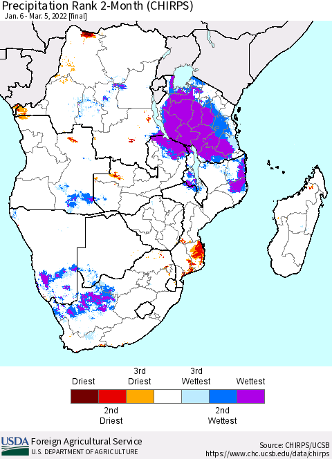 Southern Africa Precipitation Rank since 1981, 2-Month (CHIRPS) Thematic Map For 1/6/2022 - 3/5/2022