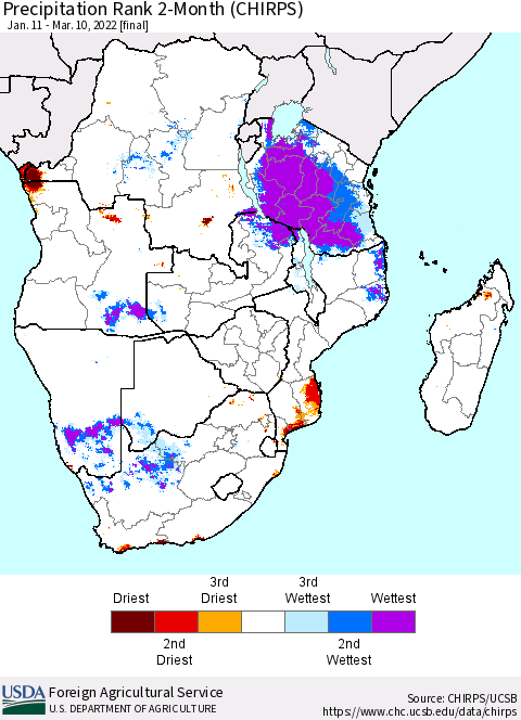 Southern Africa Precipitation Rank since 1981, 2-Month (CHIRPS) Thematic Map For 1/11/2022 - 3/10/2022