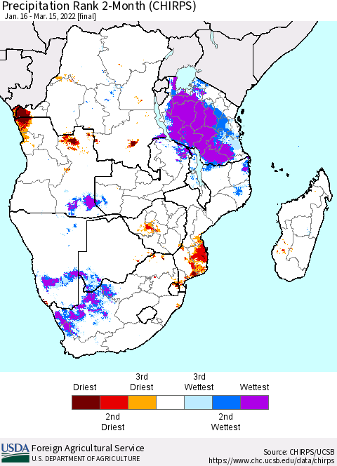 Southern Africa Precipitation Rank since 1981, 2-Month (CHIRPS) Thematic Map For 1/16/2022 - 3/15/2022