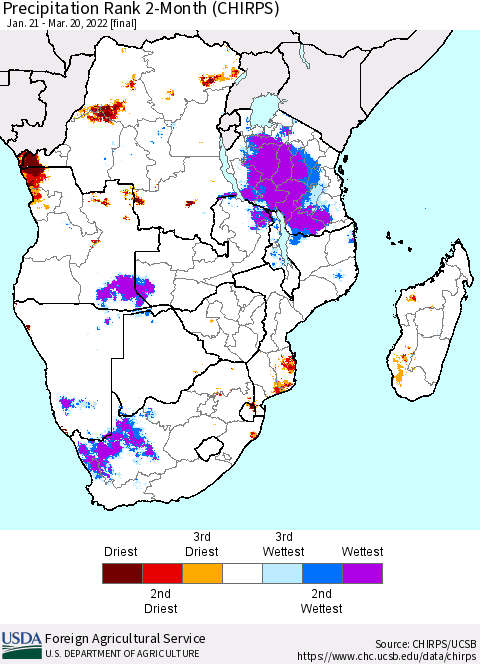 Southern Africa Precipitation Rank since 1981, 2-Month (CHIRPS) Thematic Map For 1/21/2022 - 3/20/2022