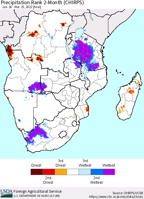 Southern Africa Precipitation Rank since 1981, 2-Month (CHIRPS) Thematic Map For 1/26/2022 - 3/25/2022