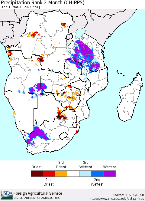 Southern Africa Precipitation Rank since 1981, 2-Month (CHIRPS) Thematic Map For 2/1/2022 - 3/31/2022