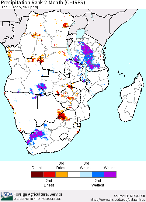 Southern Africa Precipitation Rank since 1981, 2-Month (CHIRPS) Thematic Map For 2/6/2022 - 4/5/2022