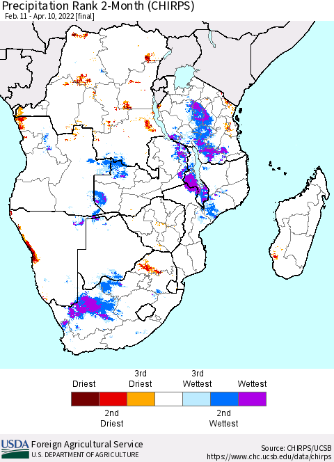 Southern Africa Precipitation Rank since 1981, 2-Month (CHIRPS) Thematic Map For 2/11/2022 - 4/10/2022