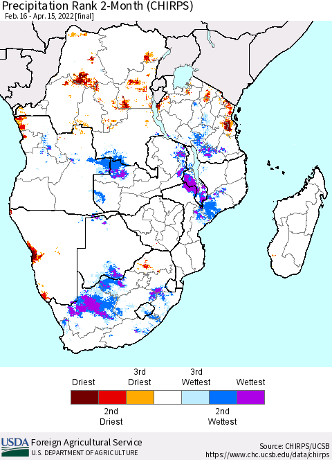 Southern Africa Precipitation Rank since 1981, 2-Month (CHIRPS) Thematic Map For 2/16/2022 - 4/15/2022