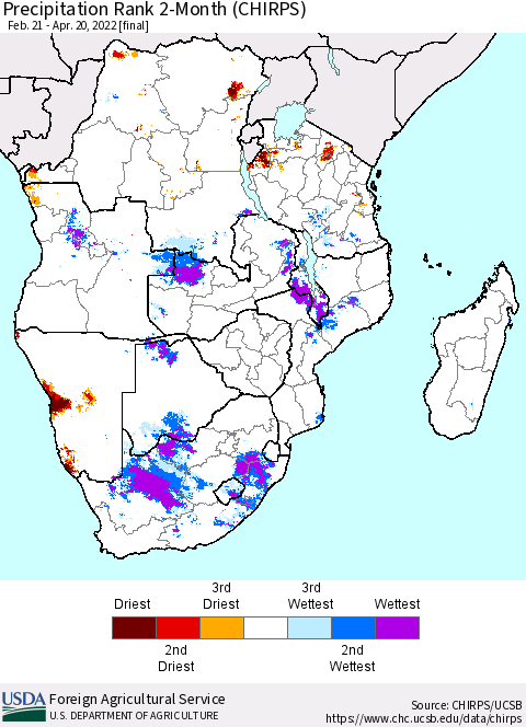 Southern Africa Precipitation Rank since 1981, 2-Month (CHIRPS) Thematic Map For 2/21/2022 - 4/20/2022