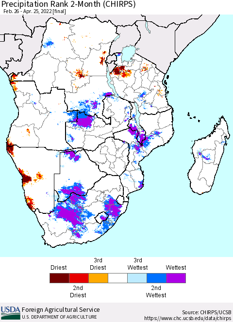 Southern Africa Precipitation Rank since 1981, 2-Month (CHIRPS) Thematic Map For 2/26/2022 - 4/25/2022
