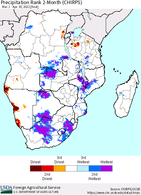 Southern Africa Precipitation Rank since 1981, 2-Month (CHIRPS) Thematic Map For 3/1/2022 - 4/30/2022