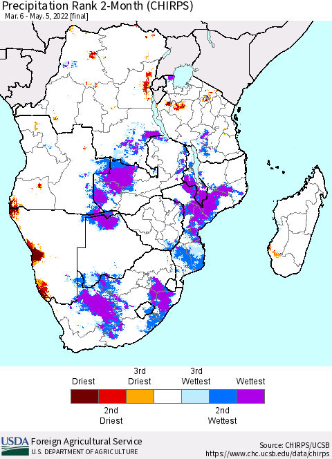 Southern Africa Precipitation Rank since 1981, 2-Month (CHIRPS) Thematic Map For 3/6/2022 - 5/5/2022