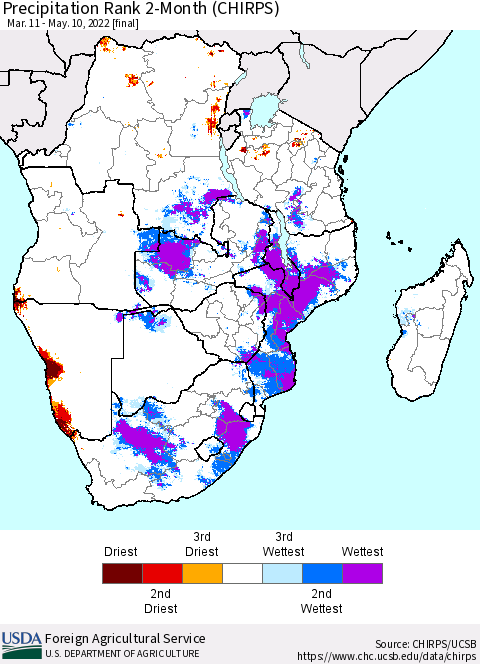Southern Africa Precipitation Rank since 1981, 2-Month (CHIRPS) Thematic Map For 3/11/2022 - 5/10/2022