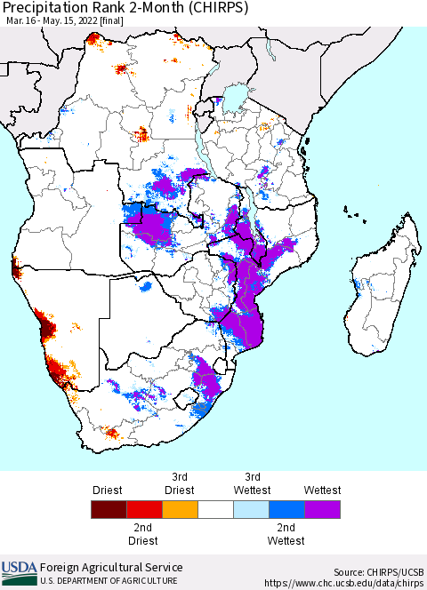 Southern Africa Precipitation Rank since 1981, 2-Month (CHIRPS) Thematic Map For 3/16/2022 - 5/15/2022