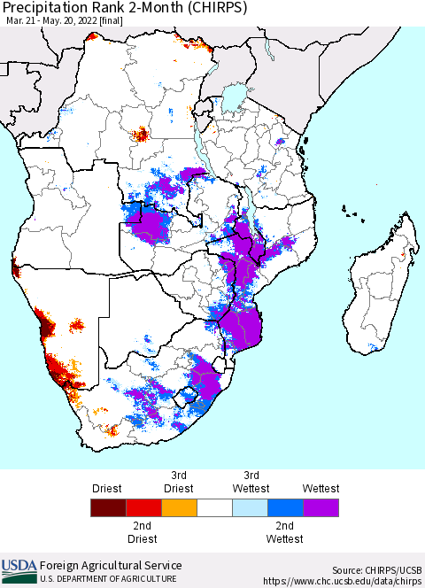 Southern Africa Precipitation Rank since 1981, 2-Month (CHIRPS) Thematic Map For 3/21/2022 - 5/20/2022