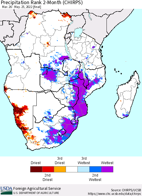 Southern Africa Precipitation Rank since 1981, 2-Month (CHIRPS) Thematic Map For 3/26/2022 - 5/25/2022