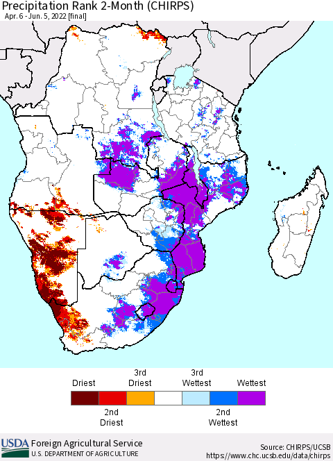 Southern Africa Precipitation Rank since 1981, 2-Month (CHIRPS) Thematic Map For 4/6/2022 - 6/5/2022