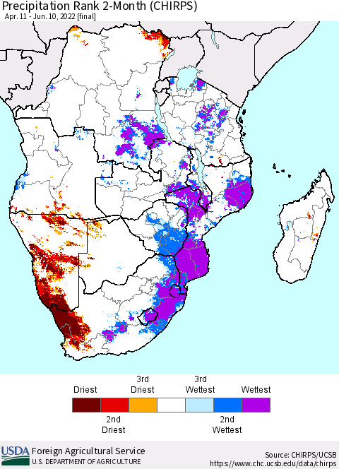 Southern Africa Precipitation Rank since 1981, 2-Month (CHIRPS) Thematic Map For 4/11/2022 - 6/10/2022