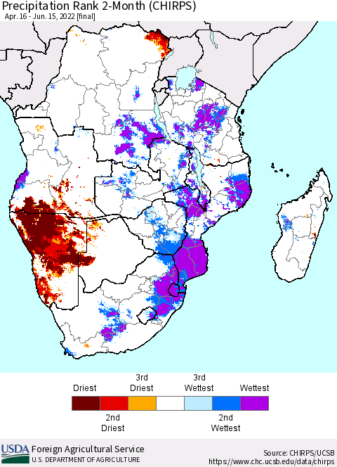 Southern Africa Precipitation Rank since 1981, 2-Month (CHIRPS) Thematic Map For 4/16/2022 - 6/15/2022
