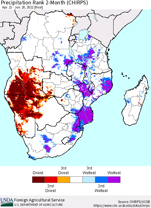 Southern Africa Precipitation Rank since 1981, 2-Month (CHIRPS) Thematic Map For 4/21/2022 - 6/20/2022