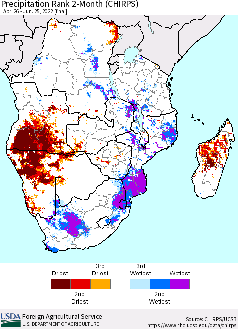 Southern Africa Precipitation Rank since 1981, 2-Month (CHIRPS) Thematic Map For 4/26/2022 - 6/25/2022