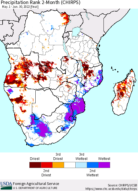 Southern Africa Precipitation Rank since 1981, 2-Month (CHIRPS) Thematic Map For 5/1/2022 - 6/30/2022