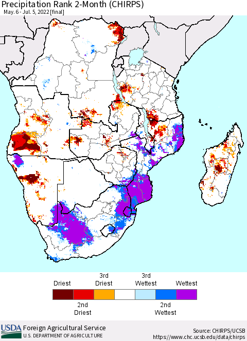 Southern Africa Precipitation Rank since 1981, 2-Month (CHIRPS) Thematic Map For 5/6/2022 - 7/5/2022